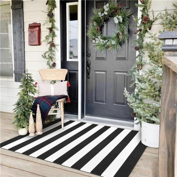 Other - Black and White Striped Area Rug 3x5 Ft Front Door Rug Hand Woven Cotton